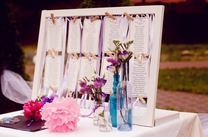 Красивая табличка со списком гостей на свадьбе